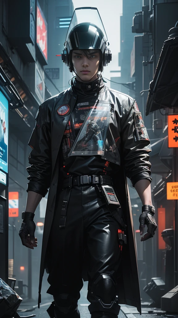 (Highest quality:1.3), (Top performance:1.2), (Best illustrations:1.2), (Comic book style:1.2), (Artistic Film Lighting:1.2) (1 person) Cyberpunk technology in futuristic electronic robe, His body is covered with metal parts, Horror movie-like background of a futuristic cyberpunk city, (Wearing a technical electronic helmet:1.2)