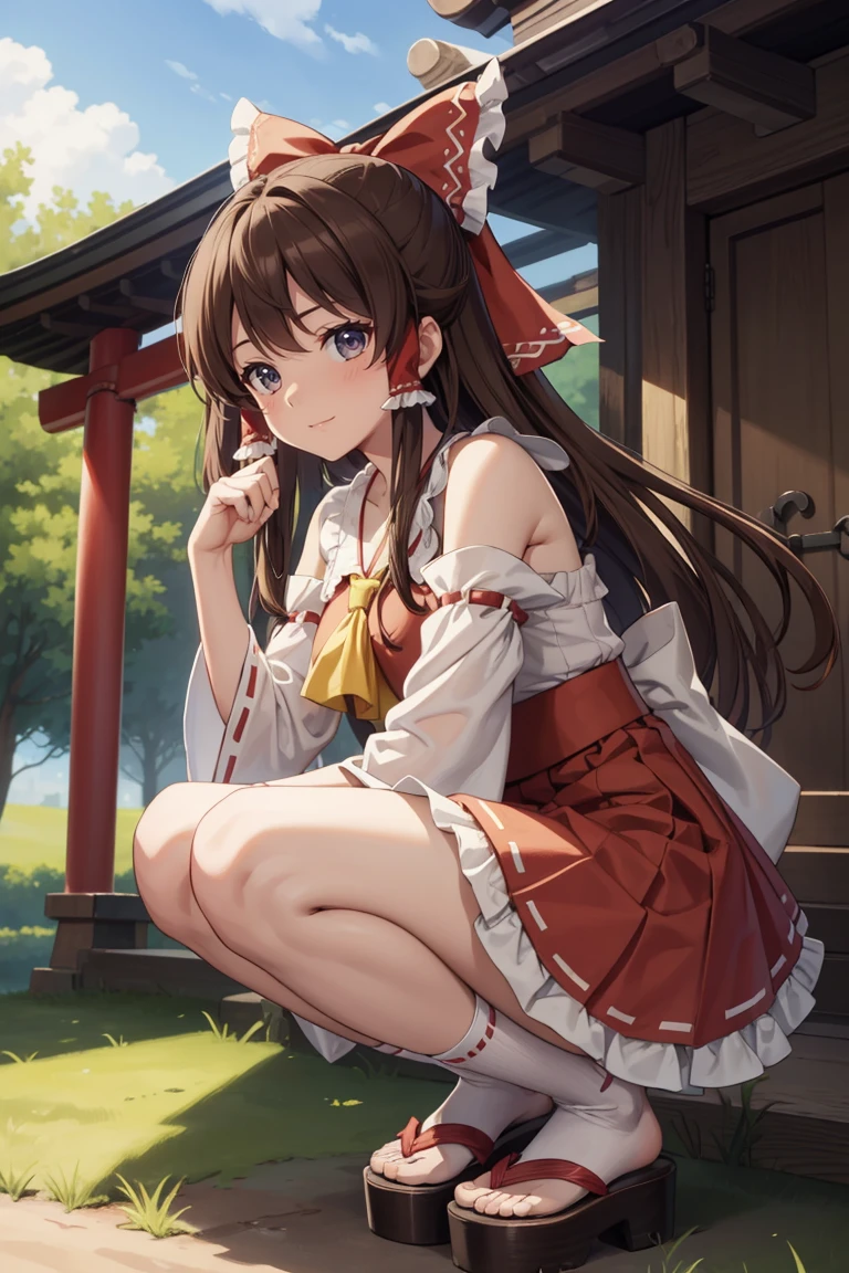 reimu hakurei, (Brown eyes:1.5), Brown Hair, bow, hair bow, Hair Tube, Long Hair, red bow, Side Lock,
Blake Ascot, Bare shoulders,Removable sleeves, embellished costume, Frills, kimono, Non-traditional Shrine Maiden, red skirt, Sandals, sarashi, skirt, socks, White sleeves, white socks, Wide sleeves, 
BREAK Watch Viewers,
Outdoor rest, shrine,Cowboy Shot,Smile Break (masterpiece:1.2), Highest quality, High resolution, unity 8k wallpaper, (figure:0.8), (Beautiful attention to detail), Highly detailed face, Perfect lighting, Highly detailed CG, (Perfect hands, Perfect Anatomy),Dynamic pose,