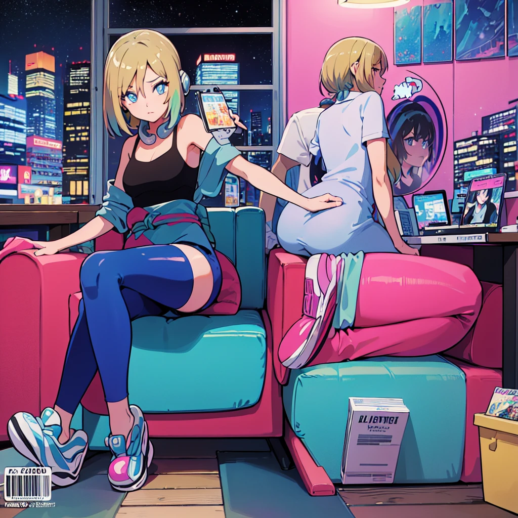 (masterpiece), Highest quality, Expressive eyes, Neon pastel aesthetics, Retro 90s, Neon color,((Girl sitting on sofa,In a cozy room,Records hanging on her wall, Comic books on the floor, Looking out the window behind her at the night city, Upholstered room, Anime figures lined up on a shelf)), Wearing headphones, (All around her it sparkles), (wearing thick colorful sneakers), (blue eyes), (Soft look), (Synthwave Art Style), Colorful Hair, Desk with PC set up