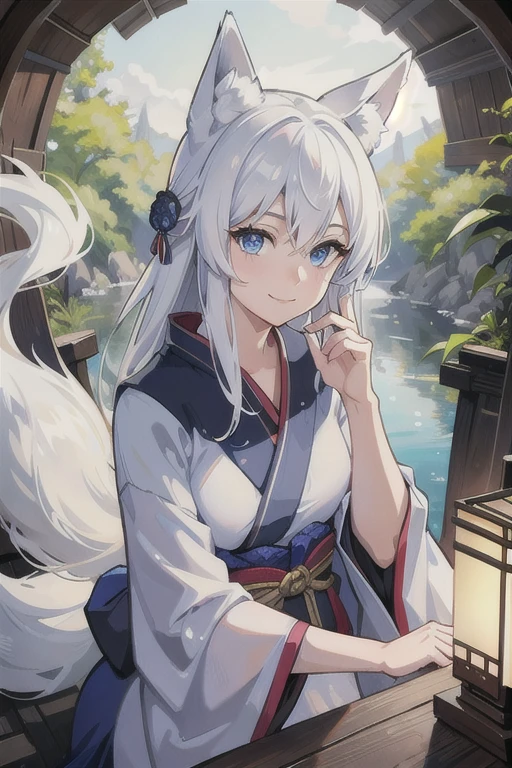 A masterful, photorealistic portrait of a beautiful young woman with striking white hair, fox ears, blue eyes and a fox tail, sitting in a shrine scene summertime during the day , wearing a traditional Japanese kimono, smiling softly with a serene expression, bathed in ambient lighting, viewed from an upper body perspective.