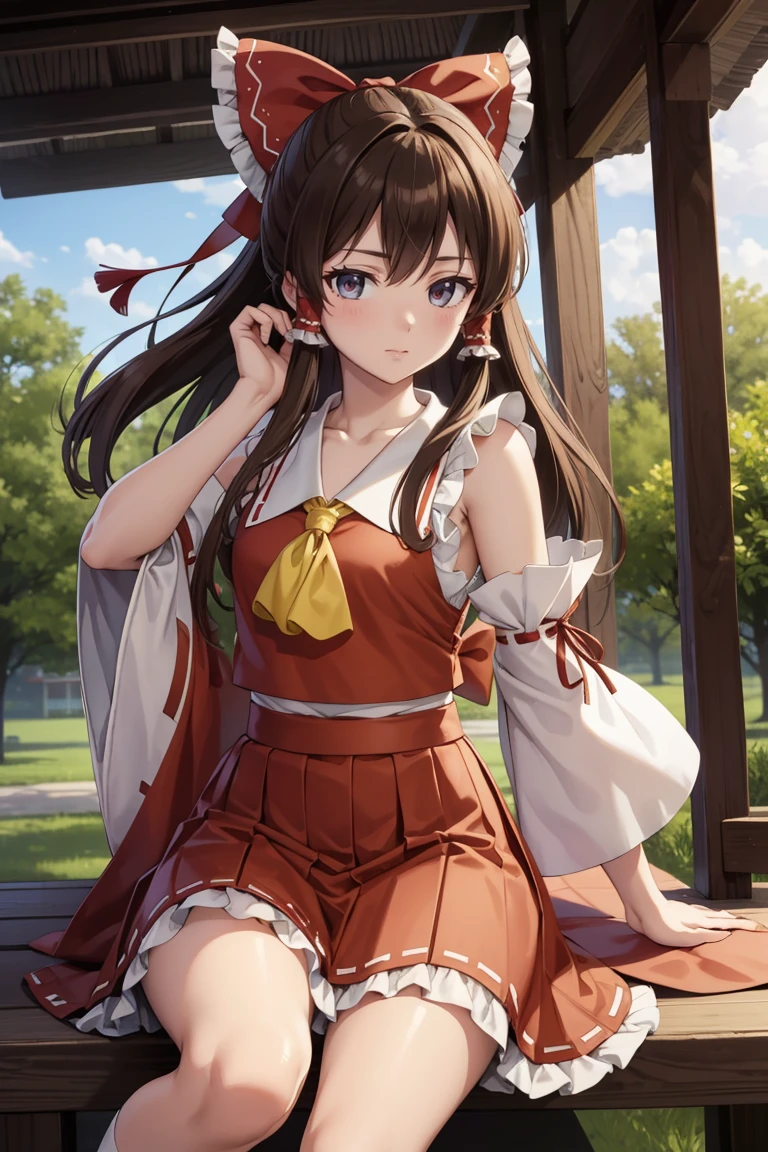 reimu hakurei, (Brown eyes:1.5), Brown Hair, bow, hair bow, Hair Tube, Long Hair, red bow, Side Lock,
Blake Ascot, Bare shoulders,Removable sleeves, embellished costume, Frills, kimono, Non-traditional Shrine Maiden, red skirt, Sandals, sarashi, skirt, socks, White sleeves, white socks, Wide sleeves, Sit on a chair、Thighs、
BREAK Watch Viewers,
Outdoor rest, shrine,Cowboy Shot,Smile Break (masterpiece:1.2), Highest quality, High resolution, unity 8k wallpaper, (figure:0.8), (Beautiful attention to detail), Highly detailed face, Perfect lighting, Highly detailed CG, (Perfect hands, Perfect Anatomy),Dynamic pose,