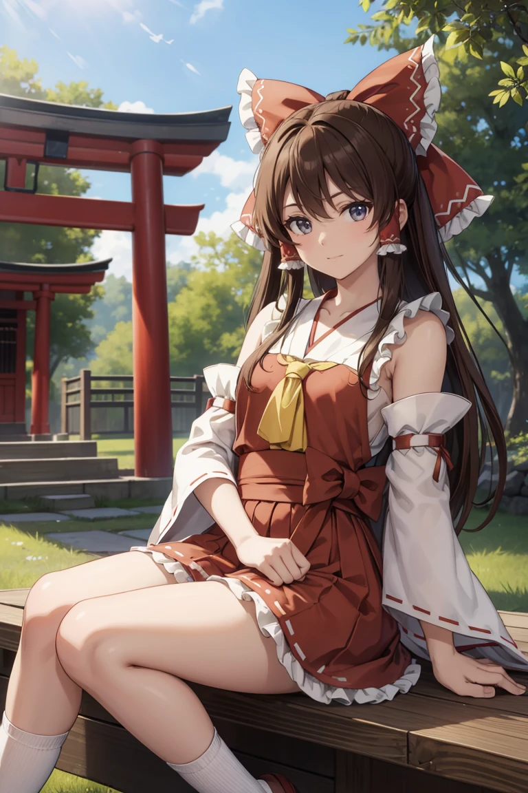 reimu hakurei, (Brown eyes:1.5), Brown Hair, bow, hair bow, Hair Tube, Long Hair, red bow, Side Lock,
Blake Ascot, Bare shoulders,Removable sleeves, embellished costume, Frills, kimono, Non-traditional Shrine Maiden, Red Skirt, Sandals, sarashi, mini skirt, socks, White sleeves, white socks, Wide sleeves, Sit on a chair、Thighs、
BREAK Watch Viewers,
Outdoor rest, shrine,Cowboy Shot,Smile Break (masterpiece:1.2), Highest quality, High resolution, unity 8k wallpaper, (figure:0.8), (Beautiful attention to detail), Highly detailed face, Perfect lighting, Highly detailed CG, (Perfect hands, Perfect Anatomy),Dynamic pose,