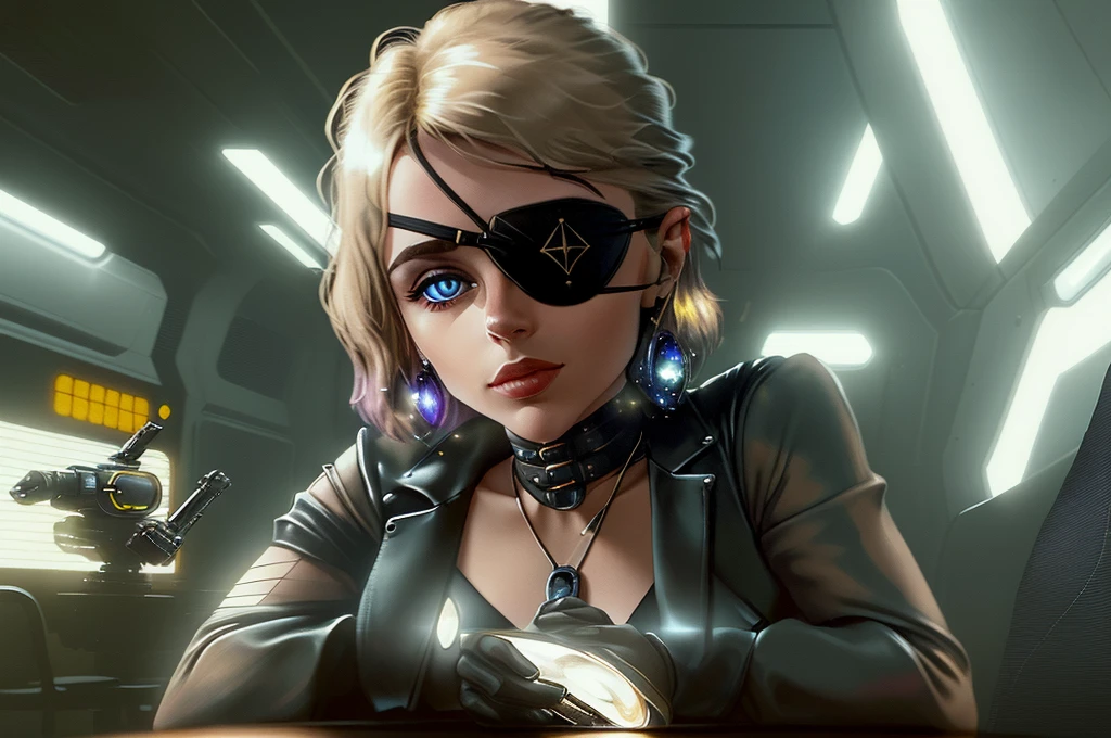 One eye patch is placed on a table, one sublime woman sits next to it, the woman's left eye is replaced by a tiny galaxy, scene in a futuristic laboratory