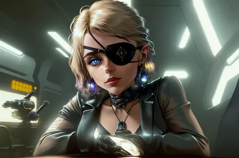 One eye patch is placed on a table, one sublime woman sits next to it, the woman's left eye is replaced by a tiny galaxy, scene ...