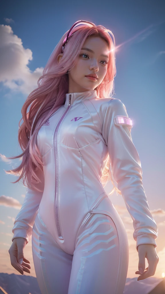 ((masterpiece, best quality, extremely detailed), volumetric lighting, ambient occlusion, colorful, glowing), 
1girl, solo, young girl, (pink hair), long hair, halo, aura, sacred, godness, cyber suit, (white outfit:1.3), android, bot, angel wings,
outdoors, sunset, sky, clouds, space, (cyberpunk theme:1.2),