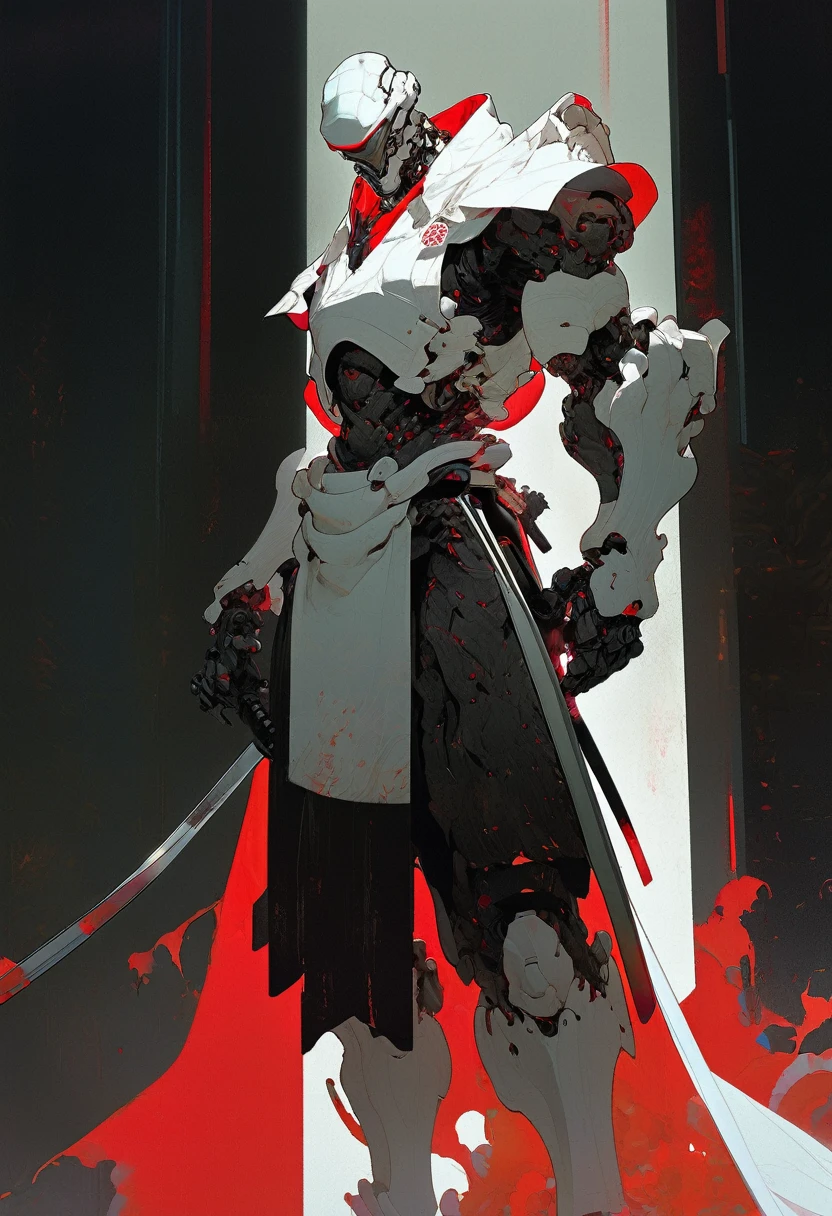 In a dimly lit laboratory, a towering figure emerges from the shadows. A white samurai cyborg stands tall, his exobone at his back, white titanium armor glistening in the faint light. A crimson scarf wraps around his neck, a fiery splash of color in the otherwise monochromatic scene. The air is heavy with anticipation as the cyborg's gaze pierces through the darkness.