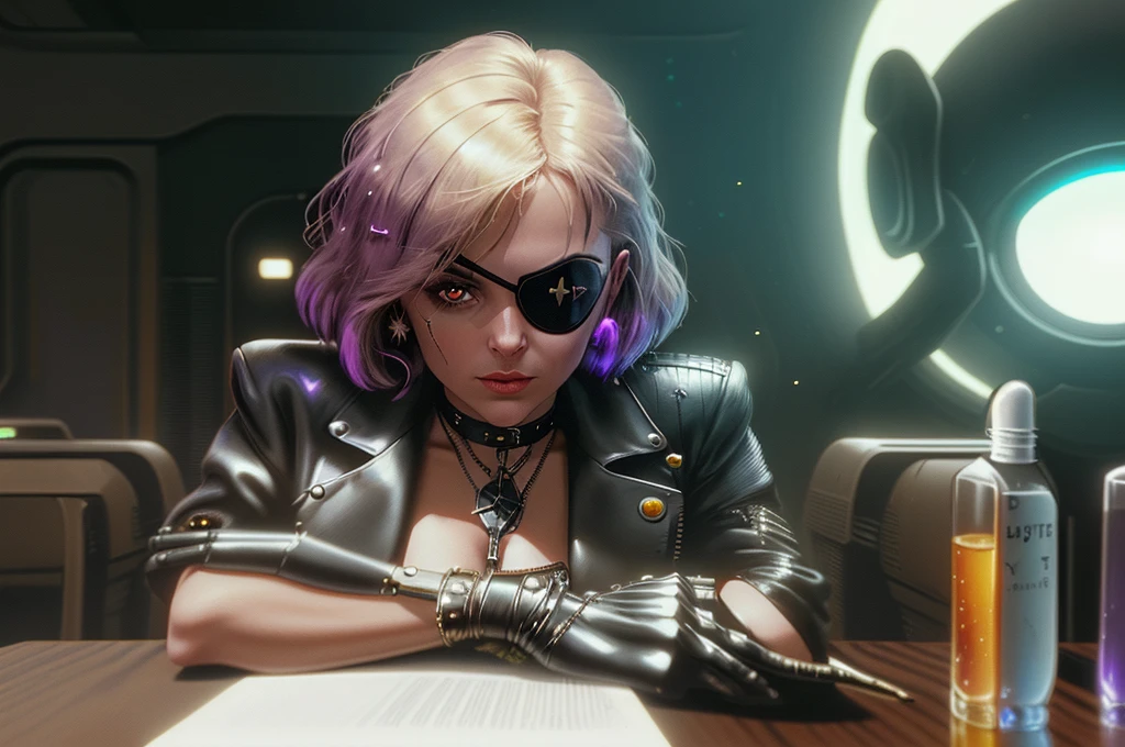 One eye patch is placed on a table, one sublime woman sits next to it, the woman's left eye is replaced by a tiny galaxy, scene in a futuristic laboratory