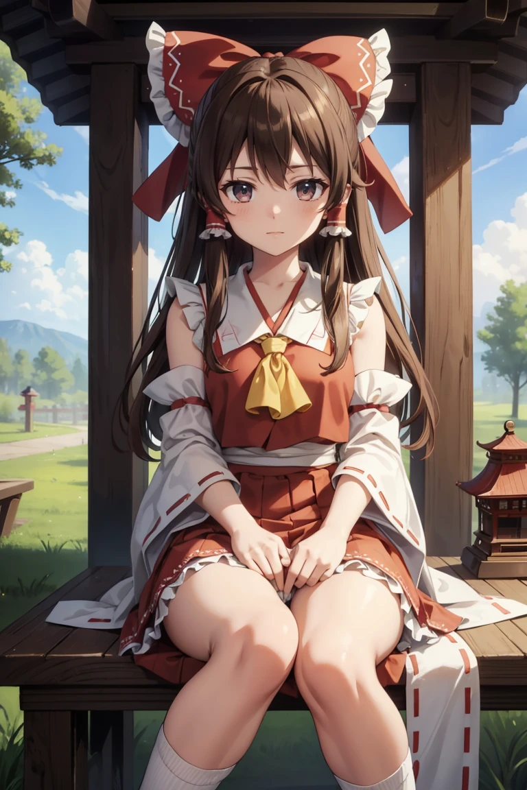 reimu hakurei, (Brown eyes:1.5), Brown Hair, bow, hair bow, Hair Tube, Long Hair, red bow, Side Lock,
Blake Ascot, Bare shoulders,Removable sleeves, embellished costume, Frills, kimono, Non-traditional Shrine Maiden, Red Skirt, Sandals, sarashi, mini skirt, socks, White sleeves, white socks, Wide sleeves, Sit on a chair、Thighs、Panty shot、Cute Panties、
BREAK Watch Viewers,
Outdoor rest, shrine,Cowboy Shot,Smile Break (masterpiece:1.2), Highest quality, High resolution, unity 8k wallpaper, (figure:0.8), (Beautiful attention to detail), Highly detailed face, Perfect lighting, Highly detailed CG, (Perfect hands, Perfect Anatomy),Dynamic pose,