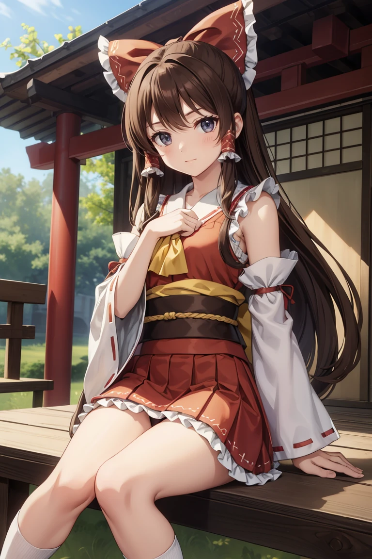 reimu hakurei, (Brown eyes:1.5), Brown Hair, bow, hair bow, Hair Tube, Long Hair, red bow, Side Lock,
Blake Ascot, Bare shoulders,Removable sleeves, embellished costume, Frills, kimono, Non-traditional Shrine Maiden, Red Skirt, Sandals, sarashi, mini skirt, socks, White sleeves, white socks, Wide sleeves, Sit on a chair、Thighs、Panty shot、Cute Panties、
BREAK Watch Viewers,
Outdoor rest, shrine,Cowboy Shot,Smile Break (masterpiece:1.2), Highest quality, High resolution, unity 8k wallpaper, (figure:0.8), (Beautiful attention to detail), Highly detailed face, Perfect lighting, Highly detailed CG, (Perfect hands, Perfect Anatomy),Dynamic pose,