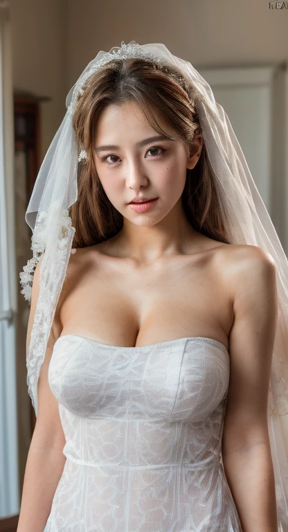 （8K， Highest high resolution：1.3）， 1 girl with a perfect body， Super fine face，eyes with brightness，random hair style， Shoulders exposed，((Bandeau dress，wedding gown，tight-fitting，huge tit))， Expose cleavage，Exposing thighs