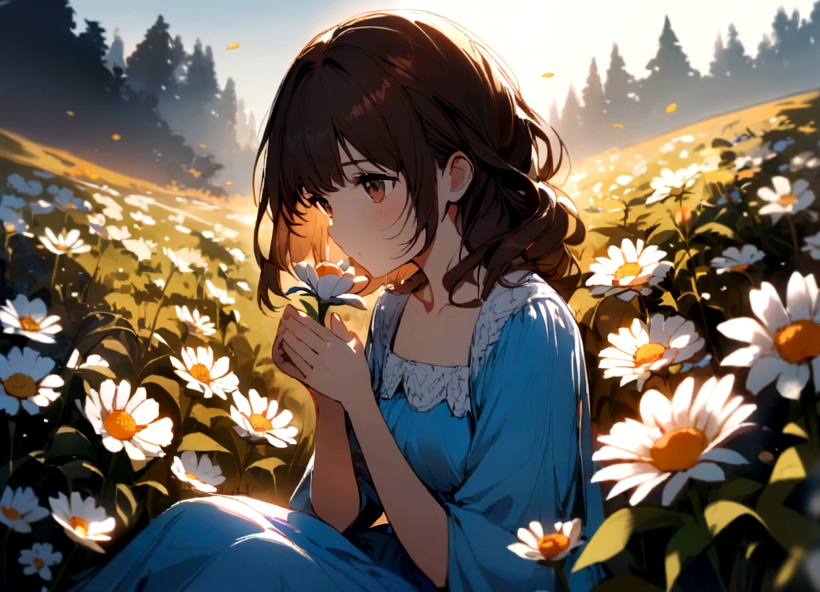 A girl with dark brown hair, brown eyes, blue dress, sitting in a field full of flowers, looking at a flower that she holds in her hands