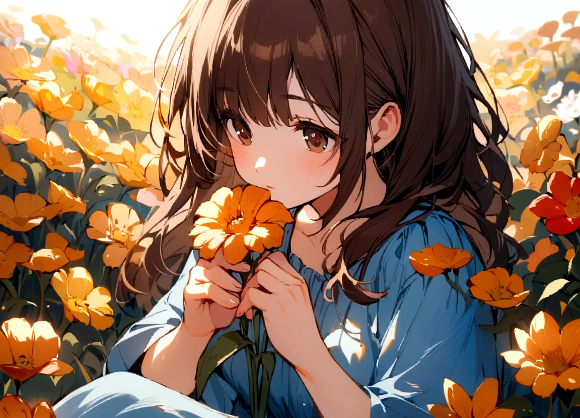 A girl with dark brown hair, brown eyes, blue dress, sitting in a field full of flowers, looking at a flower that she holds in her hands