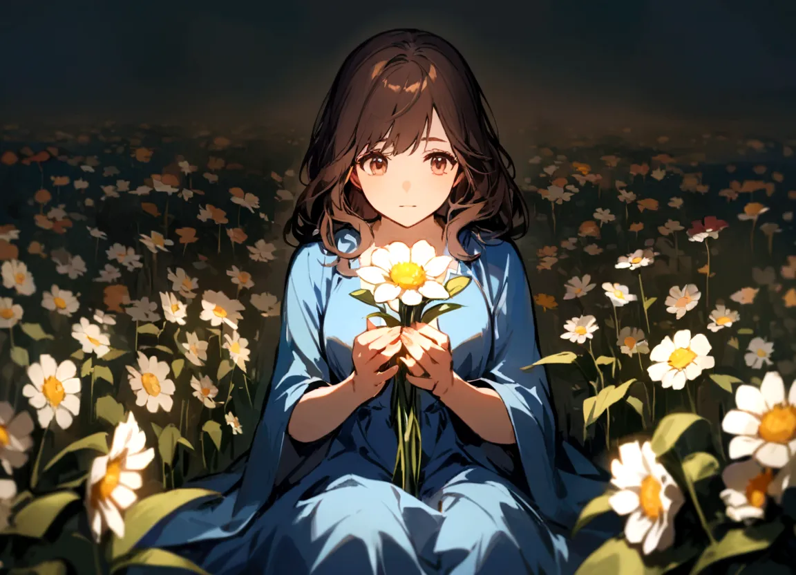 a girl with dark brown hair, brown eyes, blue dress, sitting in a field full of flowers, looking at a flower that she holds in h...