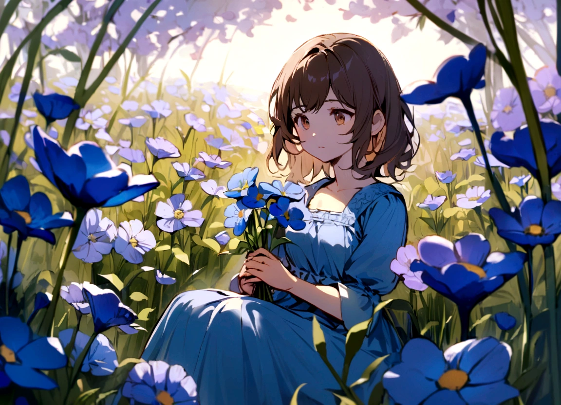 A girl with dark brown hair, brown eyes, blue dress, sitting in a field full of flowers, looking at a flower that she holds in her hands