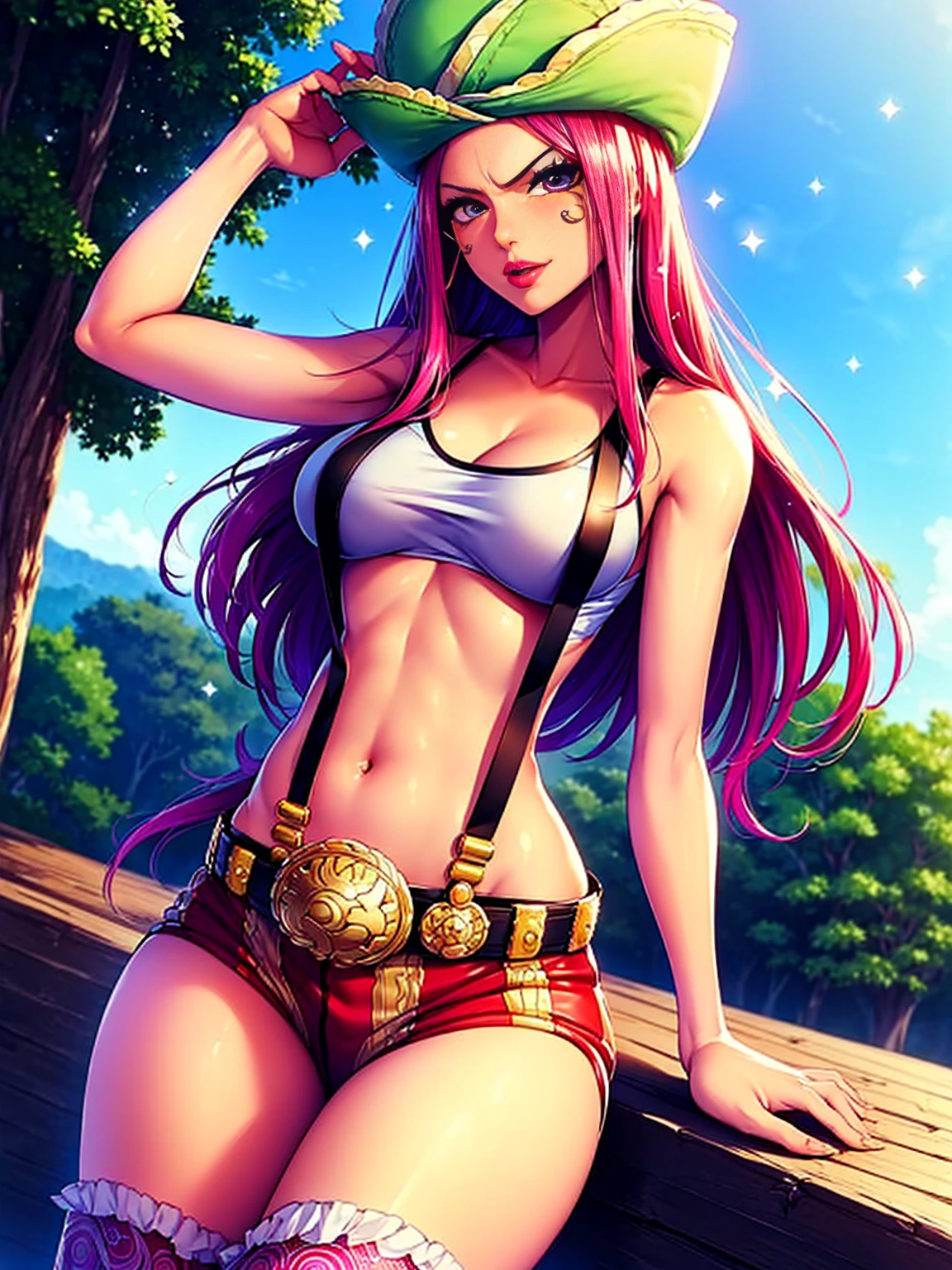 SEXY GIRL IN A PROVOCATIVE POSE, CUTE SEMI-NAKED GIRL, ((top quality, 8k, masterpiece:1.3)), Detailed eye, (looking from the front), looks at the camera, ((Everything is sparkling、light-reflecting:1.2)), (Best ratio: 4 fingers, 1 thumb), (portrait), (((Jewelry Bonney from One Piece))), JewelryBonneyV2, half body shot, 1girl, only, pretty face, long hair, pink hair, a, ((thin girl, big breasts, hyper detailed lips)), red lips, (thigh highs, shorts, suspenders, boots, purple eyes), navel, diaphragm, crop top, belt , suspender shorts, intricate detailed background, barren land, rocks, ocean, natural environment, Contrast, Nervous, blush,