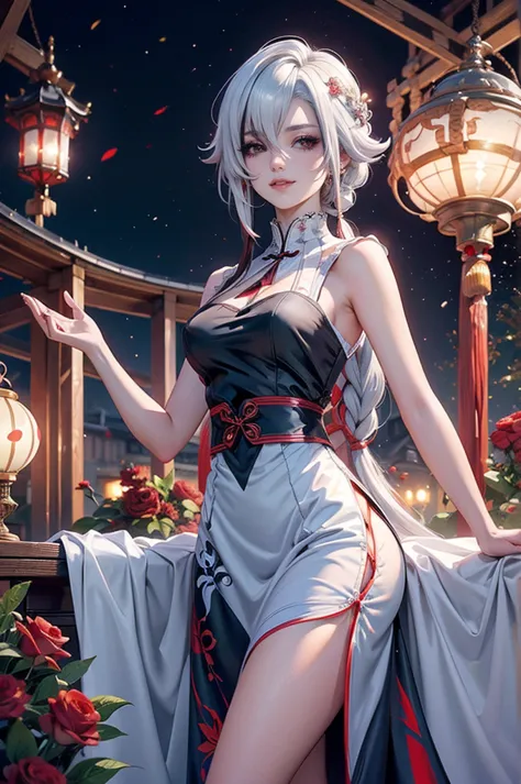Arlecchino_(genshin impact), white roses, ornament hair, braided hair, white roses on her hair, maid, maid dress, maid headdress...