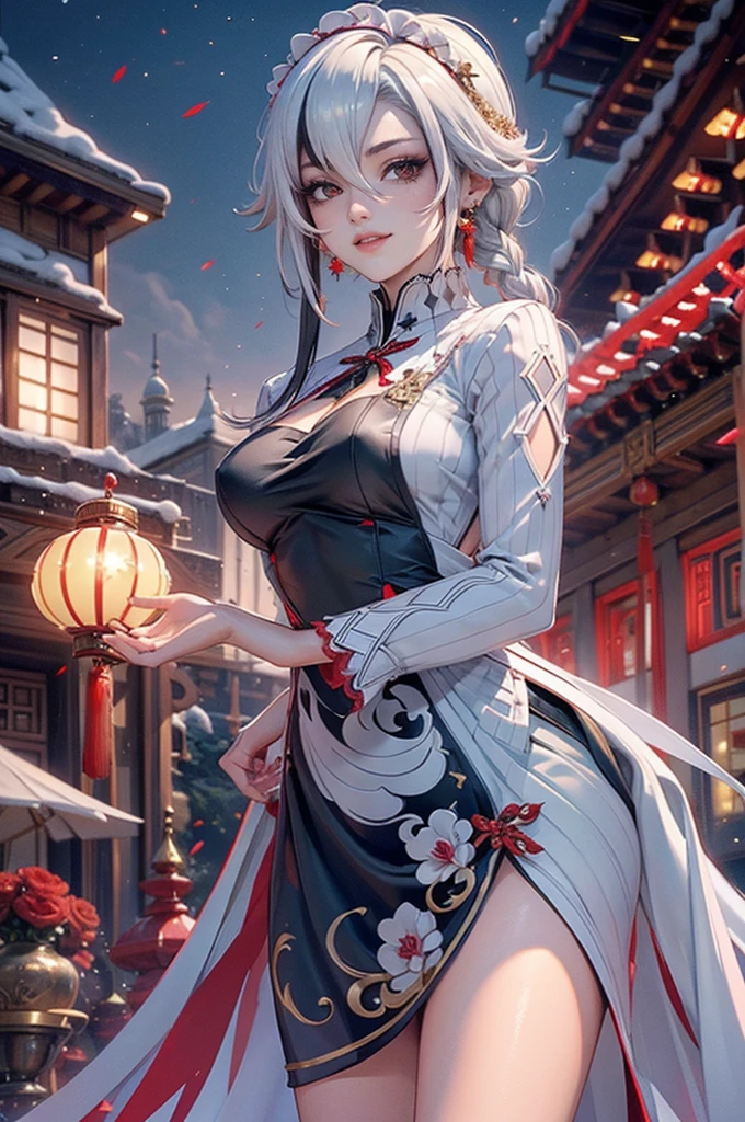 Arlecchino_(genshin impact), white roses, ornament hair, braided hair, white roses on her hair, maid, maid dress, maid headdress, maid apron, black hair, white hair, long hair, seat on a grass, chinese festival, chinese lanterns, Chinese dress, gold lantern, white dress, more details on her clothes, golden details, night, smiling, coat, temple, shrine, outside, fireworks, garden