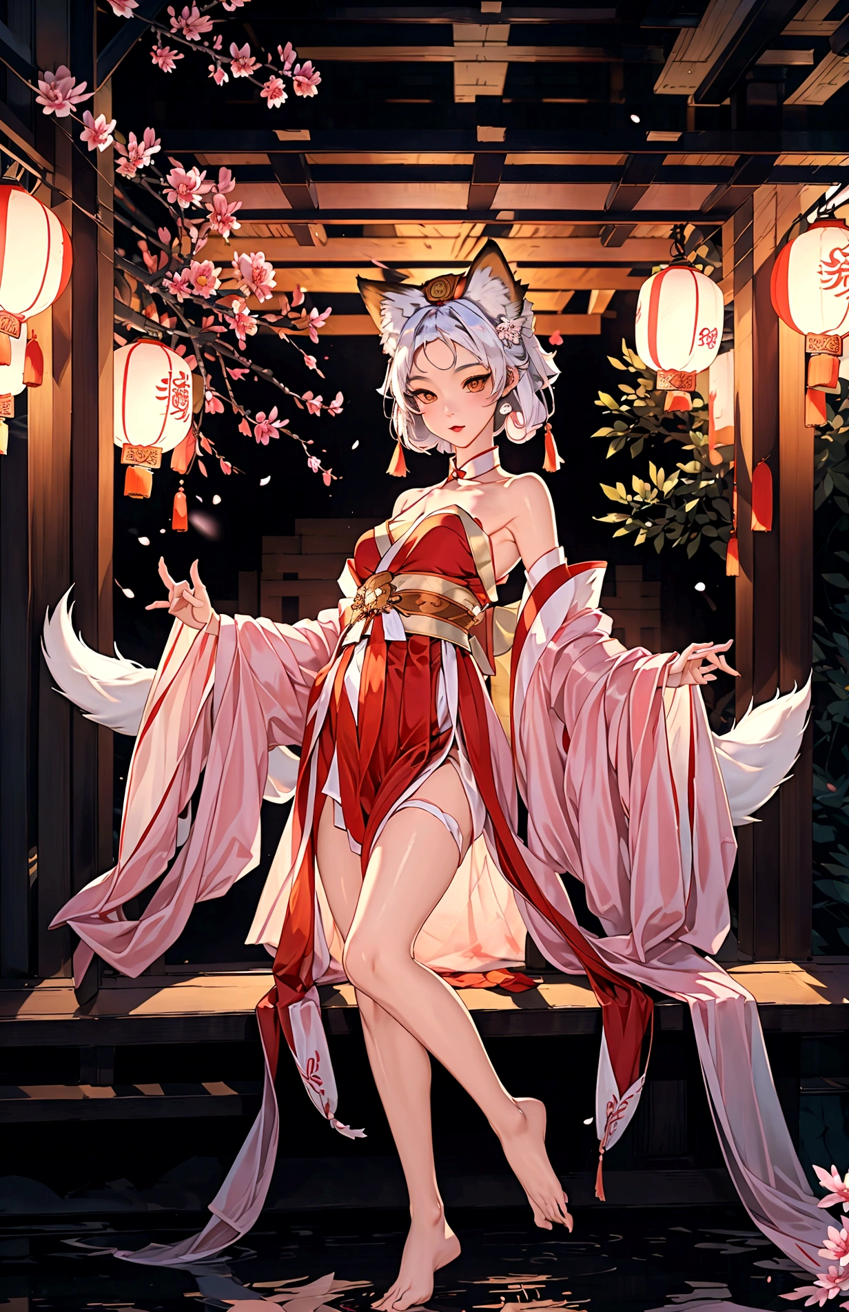 Masterpiece, best quality, full body shot (head and feet in the frame)(highly precise drawing down to the smallest detail)(extremely precise representation)a breathtakingly beautiful japanese yokai kitsune (fox goddess)accompanied by white fox(very athletic human body, fox ears, more than 3 foxtails)) dressed in (in typical color representation) a hanfu clothing worthy of a goddess with a beautiful headdress, fit, small breasts, paper lanterns and peonies, very detailed images, extremely detailed, complicated details, high resolution, super complex details, 