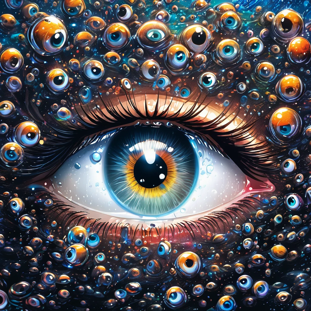 a detailed human head having ((multiple count of eyeballs)) in a , cosmic watery dimension using crystal clear effect , ((wet effect)) , shimmering vibrant , blackpitch background using hd , 32k high resolution, clear grahpic , high quality image in 32k resolution.