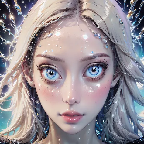 a detailed human head having ((multiple count of eyeballs)) in a , cosmic watery dimension using crystal clear effect , ((wet ef...