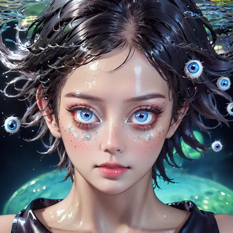 a detailed human head having ((multiple count of eyeballs)) in a , cosmic watery dimension using crystal clear effect , ((wet ef...