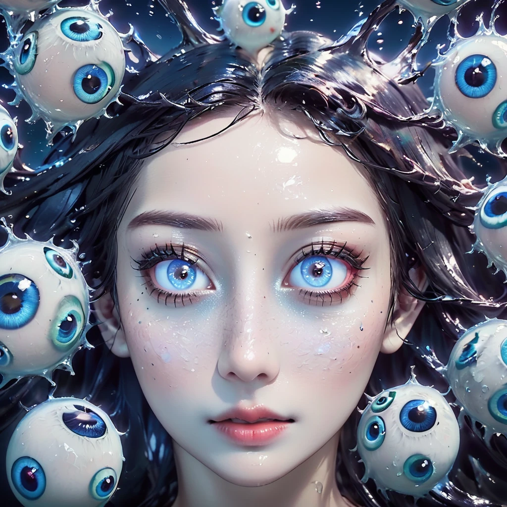 a detailed human head having ((multiple count of eyeballs)) in a , cosmic watery dimension using crystal clear effect , ((wet effect)) , shimmering vibrant , blackpitch background using hd , 32k high resolution, clear grahpic , high quality image in 32k resolution.