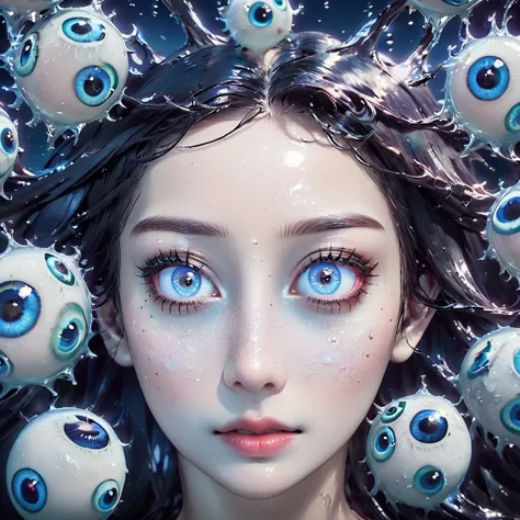 a detailed human head having ((multiple count of eyeballs)) in a , cosmic watery dimension using crystal clear effect , ((wet ef...