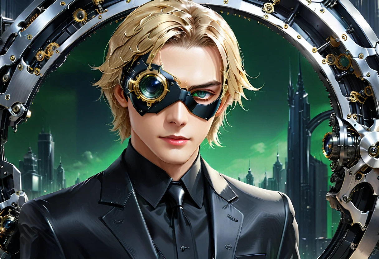 Arafed a picture of a human male spy, wearing dark suit, wearing ((mecha eye patch)), ((eye patch covering only one eye: 1.5))exquisite beautiful male, blond hair, short hair, green eyes, ((the eye patch has intricate mechanical part in it: 1.4)), high society gala event background, (Masterpiece: 1.5), 16k, highres, best quality, high details, ultra detailed, masterpiece, best quality, (extremely detailed),