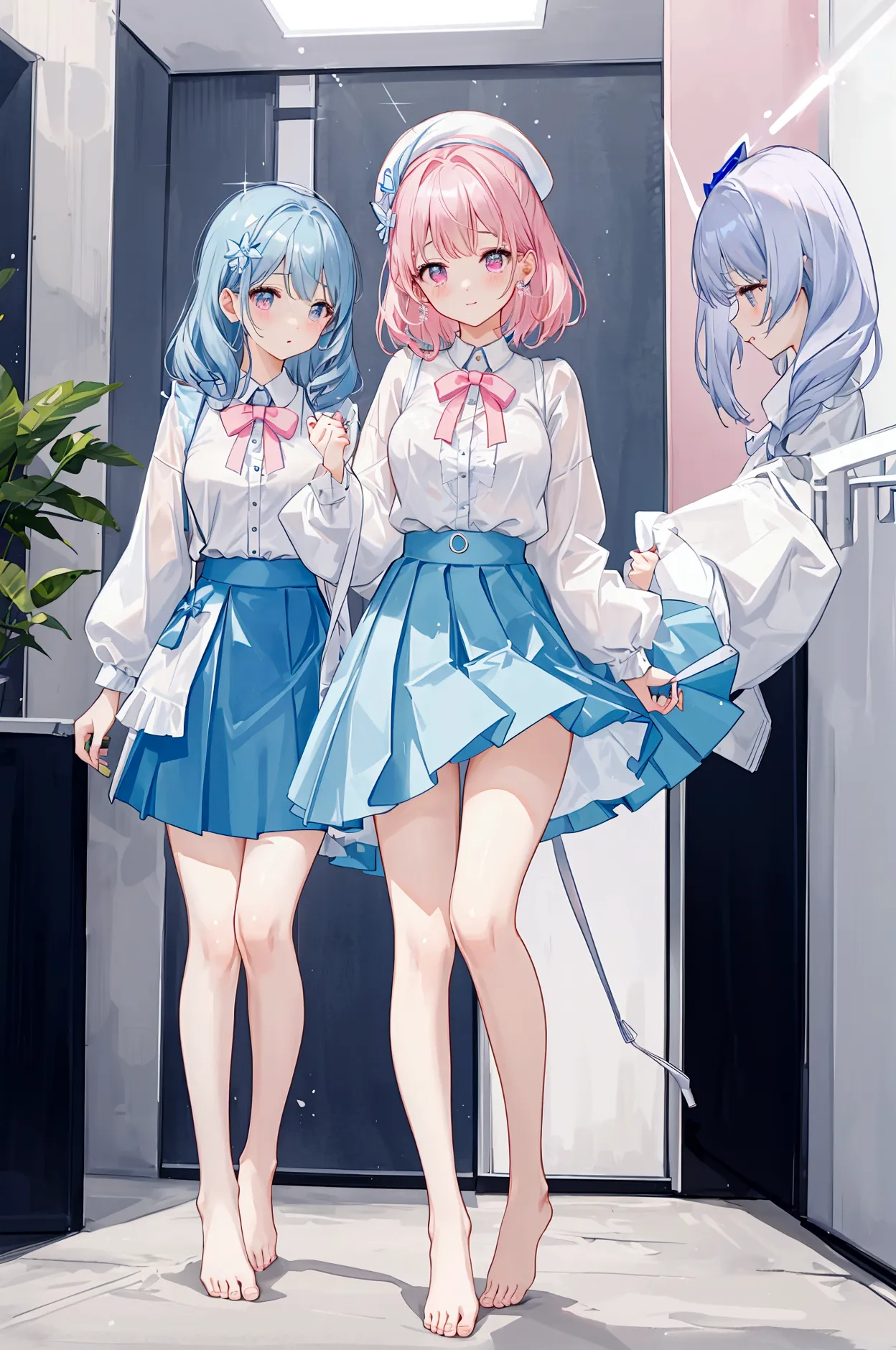 Three sisters of different heights、A cute white blouse with a cute light blue bra showing through it、Cute pink flare skirt、Light...