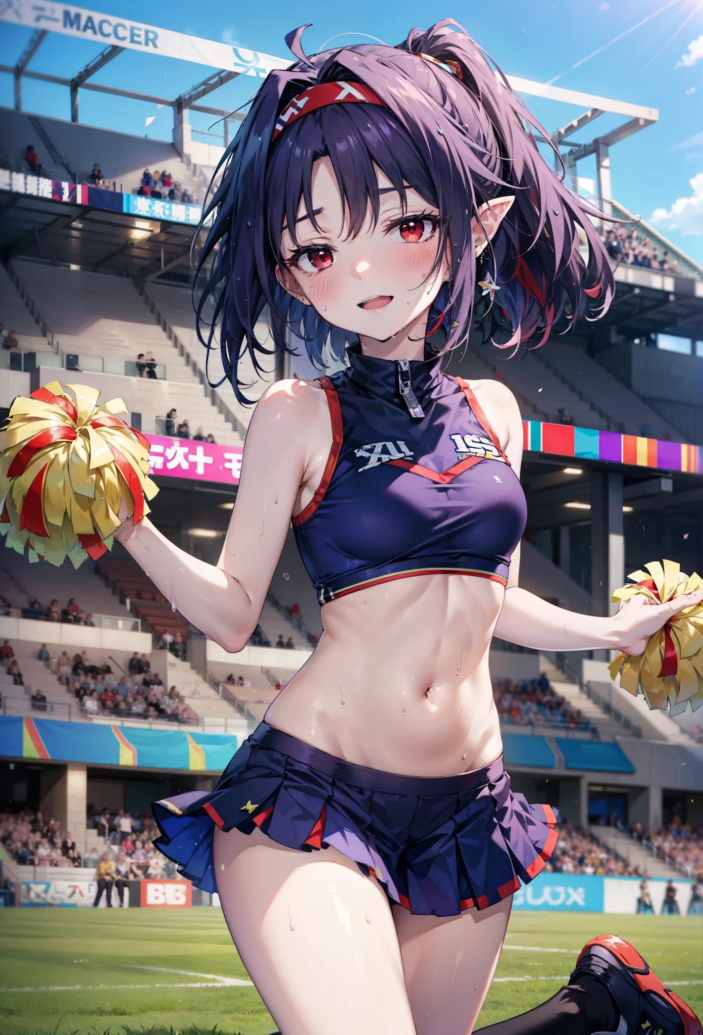 yuukikonno, yuuki konno, hair band, Long Hair, Pointed Ears, Purple Hair, (Red eyes:1.5), (Small breasts:1.2), Open your mouth wide,(Very delicate eyes), (cheer leading), (whole body),smile,blush,Lower, (Sweaty), Sweaty Wet Clothes, (Purple clothes), Pleated skirt,Black socks,sneakers,Belly-baring support, playground, (Jump), (Jump), 足を曲げてJumpする, air, blue sky, Grass原, smile,Cheerleader, Pom-pom \(cheer leading\), Grass, smile,
break looking at viewer, whole body,(Cowboy Shot:1. 5) ,
break outdoors, Stadium,crowd, people々々,
break (masterpiece:1.2), Highest quality, High resolution, unity 8k wallpaper, (figure:0.8), (Beautiful attention to detail:1.6), Highly detailed face, Perfect lighting, Highly detailed CG, (Perfect hands, Perfect Anatomy),