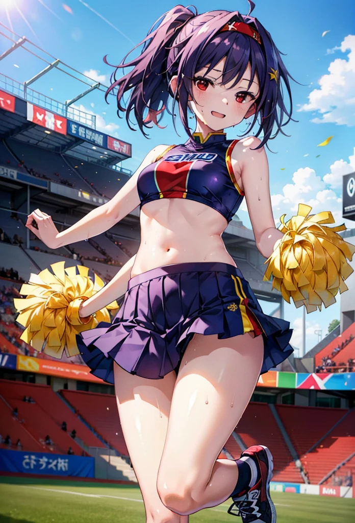 yuukikonno, yuuki konno, hair band, Long Hair, Pointed Ears, Purple Hair, (Red eyes:1.5), (Small breasts:1.2), Open your mouth wide,(Very delicate eyes), (cheer leading), (whole body),smile,blush,Lower, (Sweaty), Sweaty Wet Clothes, (Purple clothes), Pleated skirt,Black socks,sneakers,Belly-baring support, playground, (Jump), (Jump), 足を曲げてJumpする, air, blue sky, Grass原, smile,Cheerleader, Pom-pom \(cheer leading\), Grass, smile,
break looking at viewer, whole body,(Cowboy Shot:1. 5) ,
break outdoors, Stadium,crowd, people々々,
break (masterpiece:1.2), Highest quality, High resolution, unity 8k wallpaper, (figure:0.8), (Beautiful attention to detail:1.6), Highly detailed face, Perfect lighting, Highly detailed CG, (Perfect hands, Perfect Anatomy),