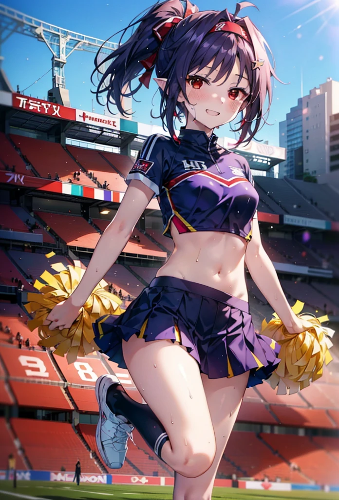 yuukikonno, yuuki konno, hair band, Long Hair, Pointed Ears, Purple Hair, (Red eyes:1.5), (Small breasts:1.2), Open your mouth wide,(Very delicate eyes), (cheer leading), (whole body),smile,blush,Lower, (Sweaty), Sweaty Wet Clothes, (Purple clothes), Pleated skirt,Black socks,sneakers,Belly-baring support, playground, (Jump), (Jump), 足を曲げてJumpする, air, blue sky, Grass原, smile,Cheerleader, Pom-pom \(cheer leading\), Grass, smile,
break looking at viewer, whole body,(Cowboy Shot:1. 5) ,
break outdoors, Stadium,crowd, people々々,
break (masterpiece:1.2), Highest quality, High resolution, unity 8k wallpaper, (figure:0.8), (Beautiful attention to detail:1.6), Highly detailed face, Perfect lighting, Highly detailed CG, (Perfect hands, Perfect Anatomy),