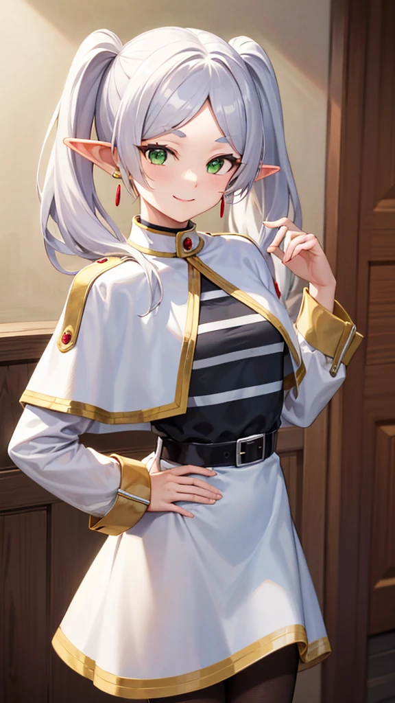 (masterpiece), best quality, high resolution, highly detailed, perfect lighting,
aafrie, long hair, white hair, twintails, pointy ears, earrings, green eyes, thick eyebrows, white capelet, striped shirt, long sleeves, belt, white skirt, black pantyhose , cowboy shot, smile,
(hands behind back:1.1),