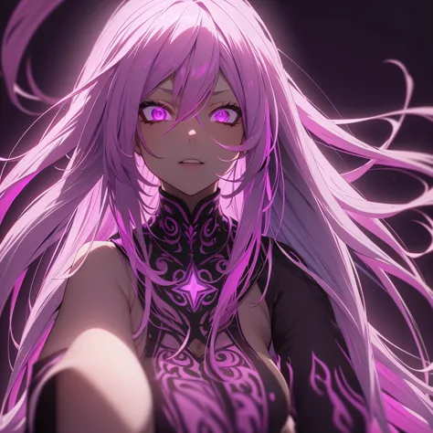 a beautiful anime girl, detailed face and eyes, long purple and pink hair, standing full body, neon purple and pink lights, dram...
