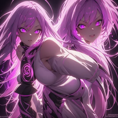 a beautiful anime girl, detailed face and eyes, long purple and pink hair, standing full body, neon purple and pink lights, dram...