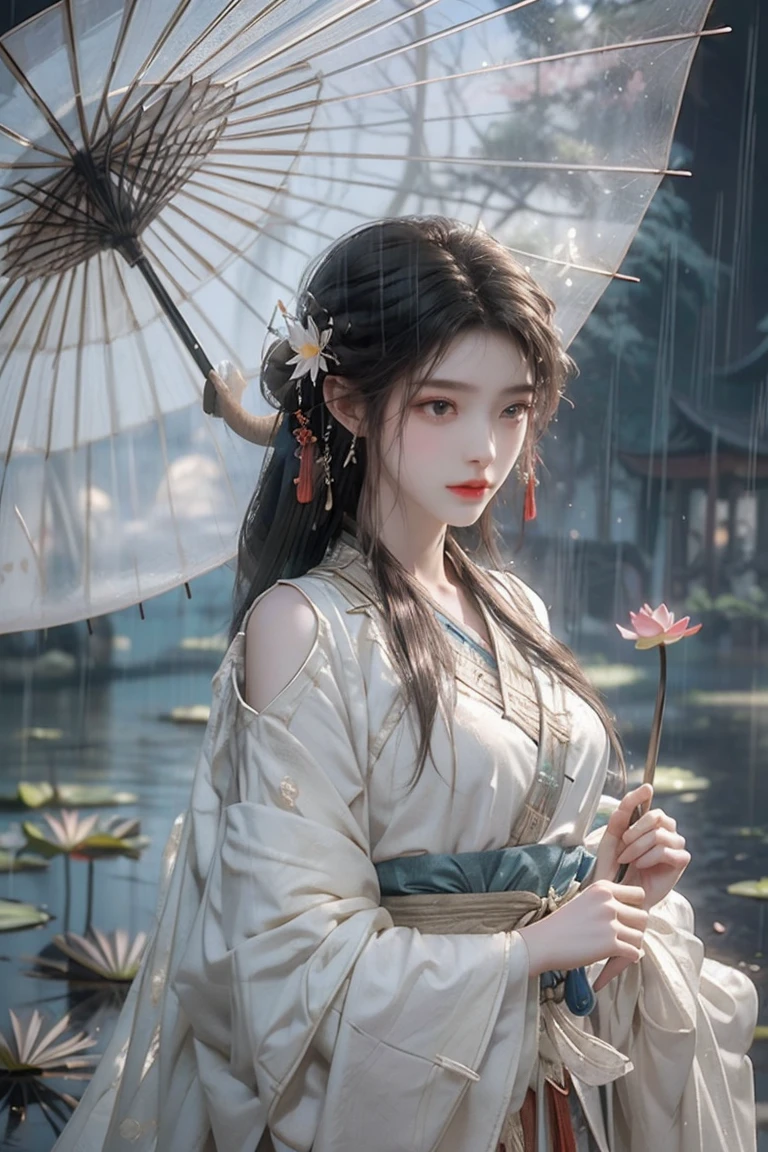 A woman holds a oil-paper umbrella on her shoulder to shelter from the rain as part of a fashion event in the style of Yue Xiaofei,light jade,ethereal dream,Tang Youhong,elegant,detailed design,dansaekhwa Joil-paper umbrellachinese clothesholding umbrellarain (Milky skin, shiny skin:1.3)(lotus leaf:1.2),