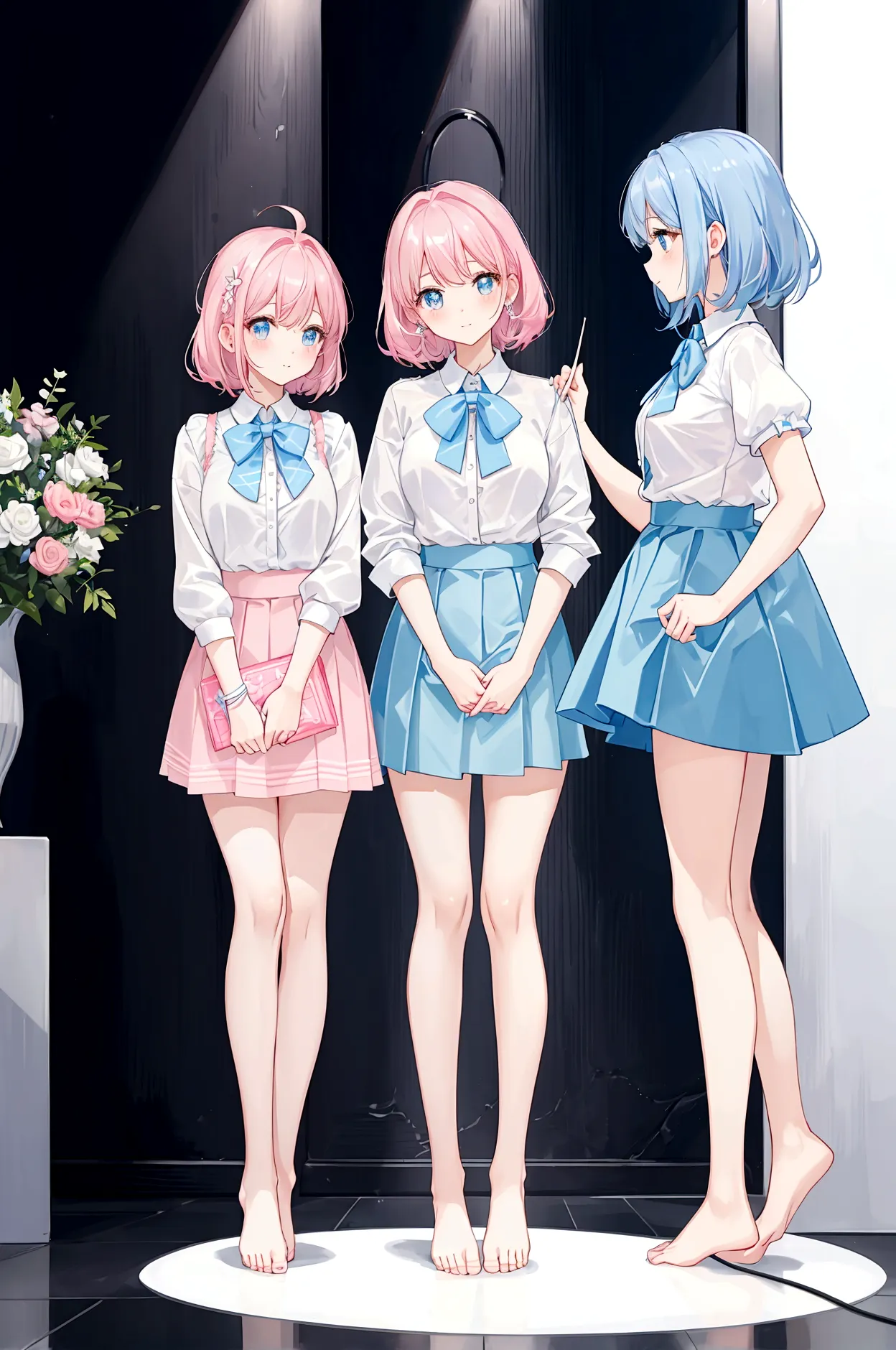 Three sisters of different heights、A cute white blouse with a cute light blue bra showing through it、Cute pink flare skirt、A cut...