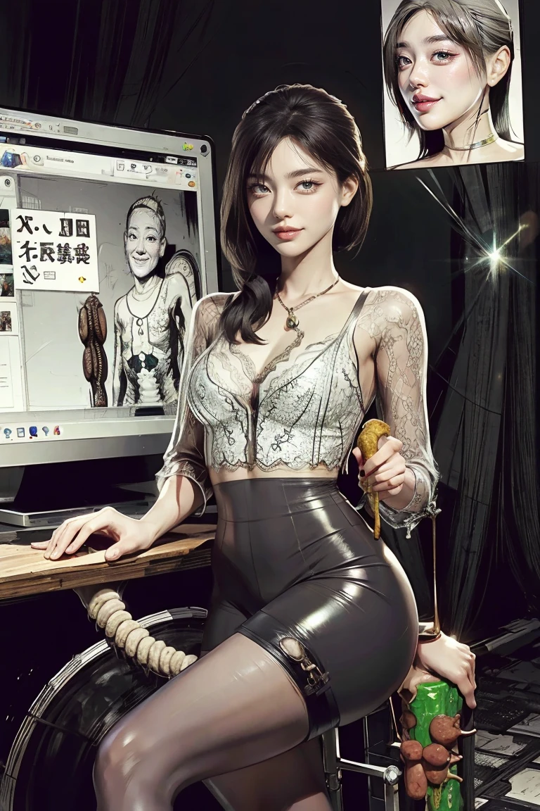 The beautiful girl in lace top and 레깅스 is sitting astride a pile of skeletons in the center of the picture. She is 잡고 있다ing a 떨림 sausage with 주스 squeezed out in her hand and smiling. There are multiple 만화 스토리보드s in the background，증권 시세 표시기, 소시지 속박,sausage 삽입,섹시한, 짓밟는 sausage with high heels heel,(걸작, 최고의 품질:1.2)，1 아름다운 소녀,섹시한，만화 스토리보드:2, 레깅스, 걸터앉다, 축 대칭:2, ,여왕 님，들리는，증권 시세 표시기，잡고 있다，웃다，화려한，레깅스，얇은 간격，낙타 발가락，삽입，떨림，주스，스프레이， 긴 머리,레이스 탑,섹시한, Shiny 레깅스, 하이힐，분열, 짓밟는, 숲에서, 타액 , 점액，