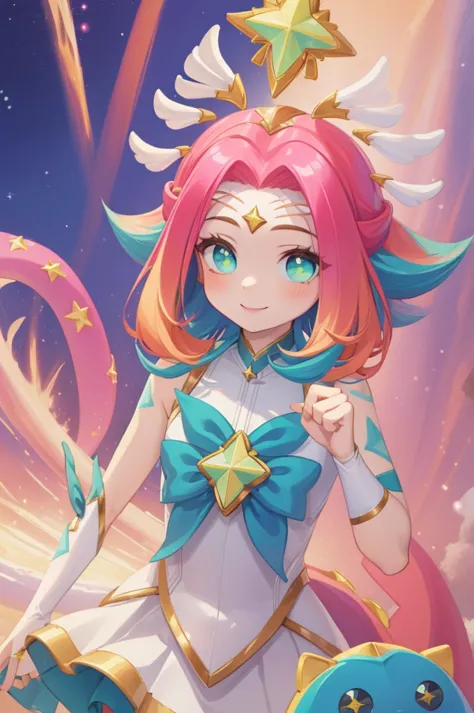 (Masterpiece:1.4), (best quality:1.2), star guardian neeko, 1girl, multicolored hair, dress, star guardian \(league of legends\)...