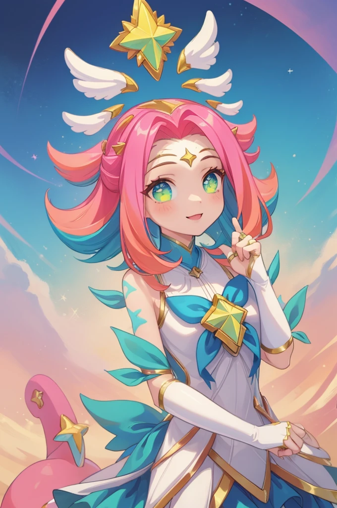 (obra maestra:1.4), (mejor calidad:1.2), neeko guardián de las estrellas, 1 chica, pelo multicolor, vestido, star guardian \(League of Legends\), chica mágica, cola, adorno para el pelo, sonrisa, Parte superior del cuerpo