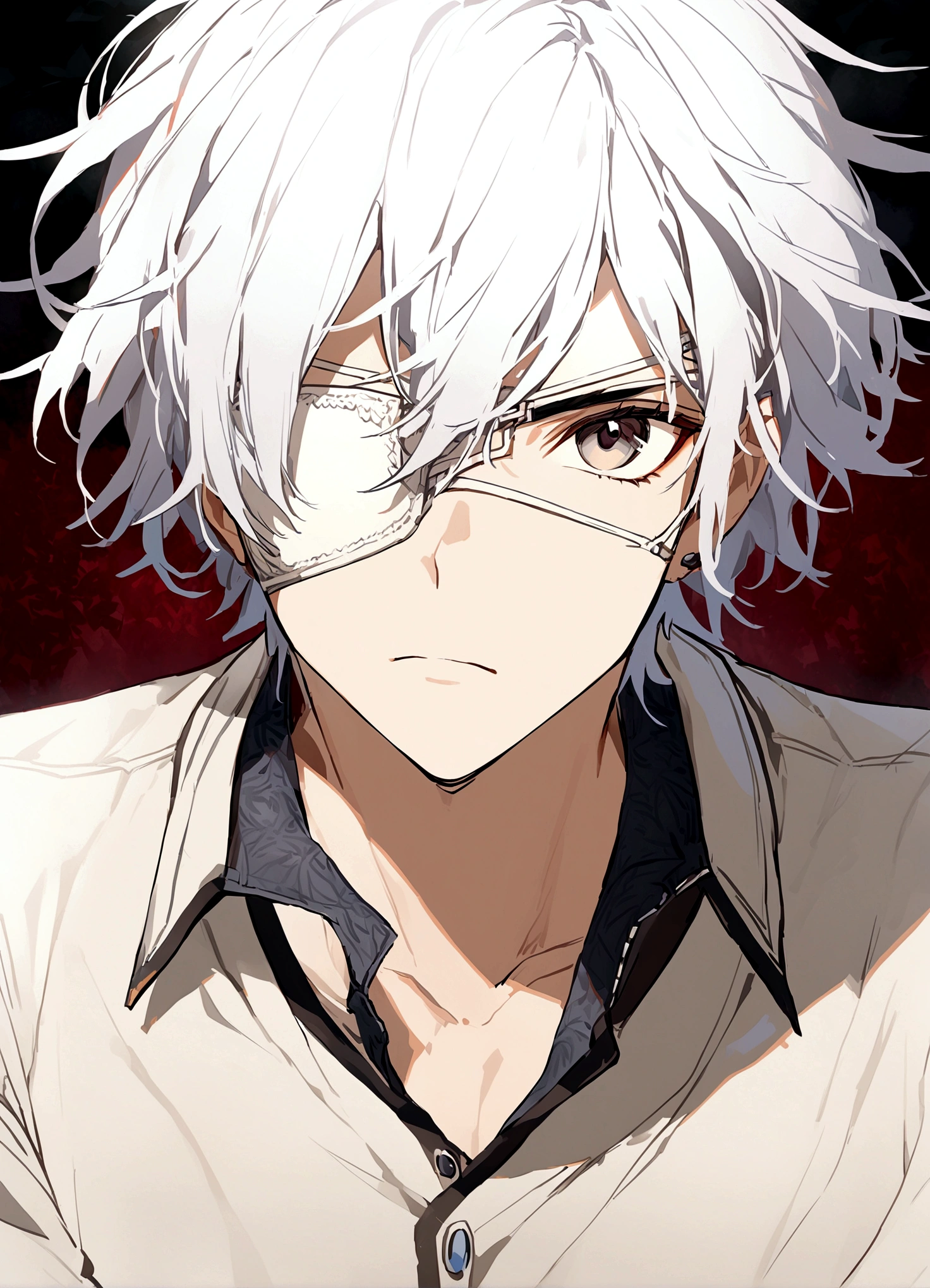 1boy，black eyes，White hair，White eye patch，Collared shirt，shut up，Simple background，solo，