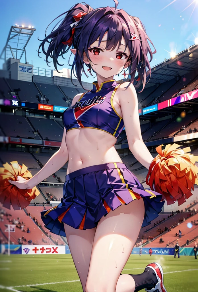 yuukikonno, yuuki konno, hair band, Long Hair, Pointed Ears, Purple Hair, (Red eyes:1.5), (Small breasts:1.2), Open your mouth wide,(Very delicate eyes), (cheer leading), (whole body),smile,blush,Lower, (Sweaty), Sweaty Wet Clothes, (Purple clothes), Pleated skirt,Black socks,sneakers,Belly-baring support, playground, (Jump), (Jump), 足を曲げてJumpする, air, blue sky, Grass原, smile,Cheerleader, Pom-pom \(cheer leading\), Grass, smile,
break looking at viewer, whole body,(Cowboy Shot:1. 5) ,
break outdoors, Stadium,crowd, people々々,
break (masterpiece:1.2), Highest quality, High resolution, unity 8k wallpaper, (figure:0.8), (Beautiful attention to detail:1.6), Highly detailed face, Perfect lighting, Highly detailed CG, (Perfect hands, Perfect Anatomy),