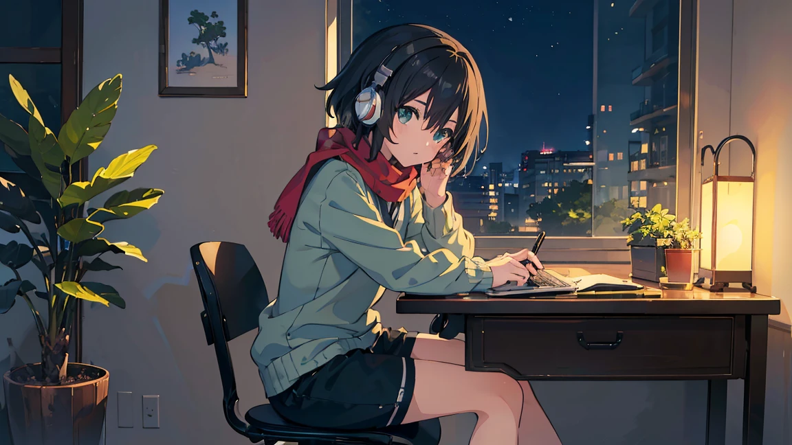 ((Highest quality)), ((masterpiece)), ((Ultra-high resolution)), ((Very detailed)), (Anime girl sitting at a desk with a laptop and headphones), (Light Green Sweater), (Black shorts), (Red scarf with black stripes), (Black Hair), (avert your eyes:1.4), Cute eyes, Potted plants, Book, Bookhelf, Book, Bookhelf, night, digital Anime illustration, Keyframe illustration, Gwaites style artwork, makoto shinkai&#39;Art Style, Portrait of Roffey, Digital anime art, makoto shinkai style, lo-fi girl, (Sit at a desk and type on a keyboard), Anime style illustrations, ロフィArt Style, Anime illustration