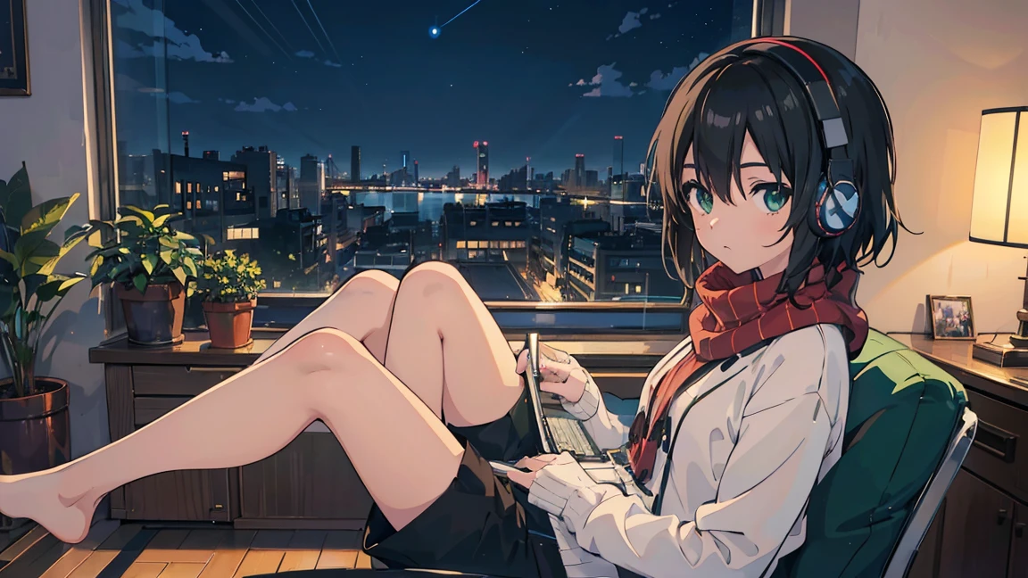 ((Highest quality)), ((masterpiece)), ((Ultra-high resolution)), ((Very detailed)), (Anime girl sitting at a desk with a laptop and headphones), (Light Green Sweater), (Black shorts), (Red scarf with black stripes), (Black Hair), (avert your eyes:1.4), Cute eyes, Potted plants, Book, Bookhelf, Book, Bookhelf, night, digital Anime illustration, Keyframe illustration, Gwaites style artwork, makoto shinkai&#39;Art Style, Portrait of Roffey, Digital anime art, makoto shinkai style, lo-fi girl, (Sit at a desk and type on a keyboard), Anime style illustrations, ロフィArt Style, Anime illustration