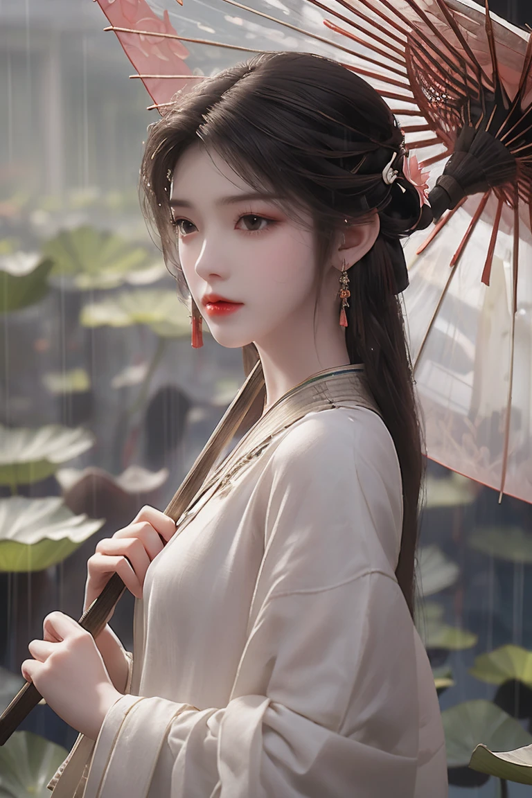 A woman holds a oil-paper umbrella on her shoulder to shelter from the rain as part of a fashion event in the style of Yue Xiaofei,light jade,ethereal dream,Tang Youhong,elegant,detailed design,dansaekhwa Joil-paper umbrellachinese clothesholding umbrellarain (Milky skin, shiny skin:1.3)(lotus leaf:1.2),