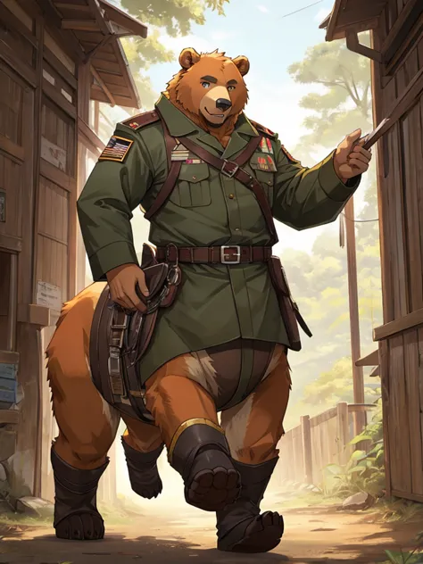 alone, Kanno, (Bear),furry,fur taur,beartaur, Humanity, male, ((orange body)), army, There&#39;s a gun on the floor, Tail, muscl...