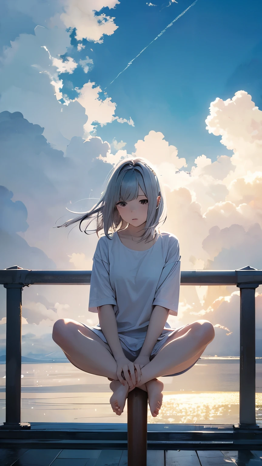 One Girl、Highest quality、masterpiece、Perfect Anatomy、Girl sitting on a pillar、A thin pillar stretching high into the sky、Mysterious cylindrical pillar、Height 3000ｍ、sea of clouds、blue sky、Sitting cross-legged、Hair blowing in the wind、Gray Hair、Girl staring into the distance、White clothes、barefoot、Full body angle、sea of clouds