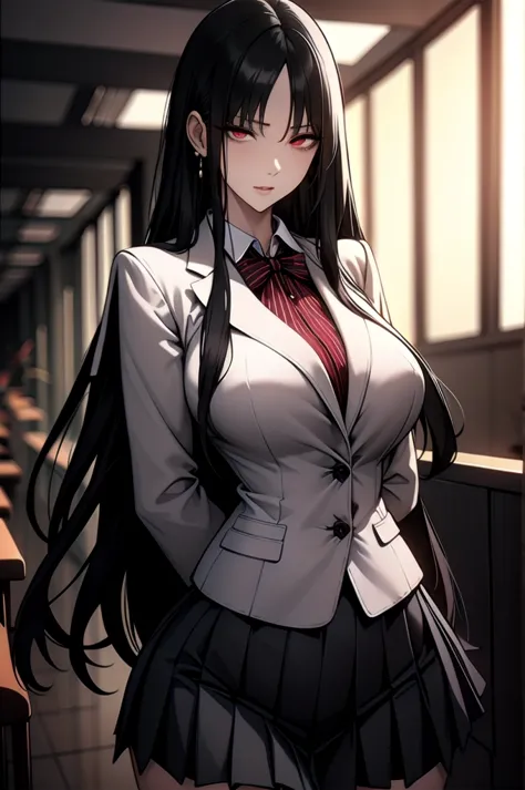 A young woman with long black hair and striking red eyes is wearing a traditional school uniform. She stands confidently, lookin...