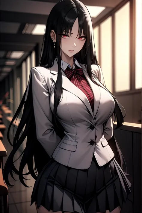 a young woman with long black hair and striking red eyes is wearing a traditional school uniform. she stands confidently, lookin...