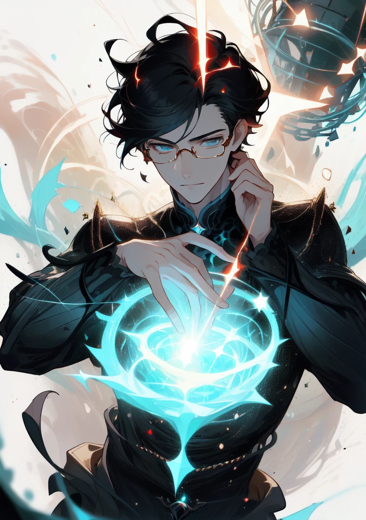 masterpiece, best quality, 1 male, young, tall muscular, handsome, finely detailed eyes, intricate details, black hair, short hair, smile, solo, upper body, detailed background, detailed face, good sorcerer, color magical robes, determined expression, white color scheme, dark crimson light, glowing magical runes, realistic lighting, floating particles, sparks, surrounded by gold lightning red arcane symbols, corrupted by eldritch power, bloom, glasses